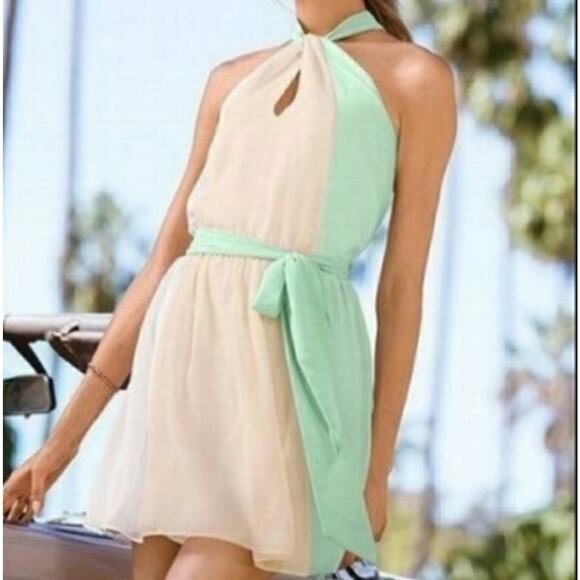 Victoria's Secret Chiffon Mini Dress Women's XL Pastel Mint Ivory Peach Halter - Picture 1 of 14